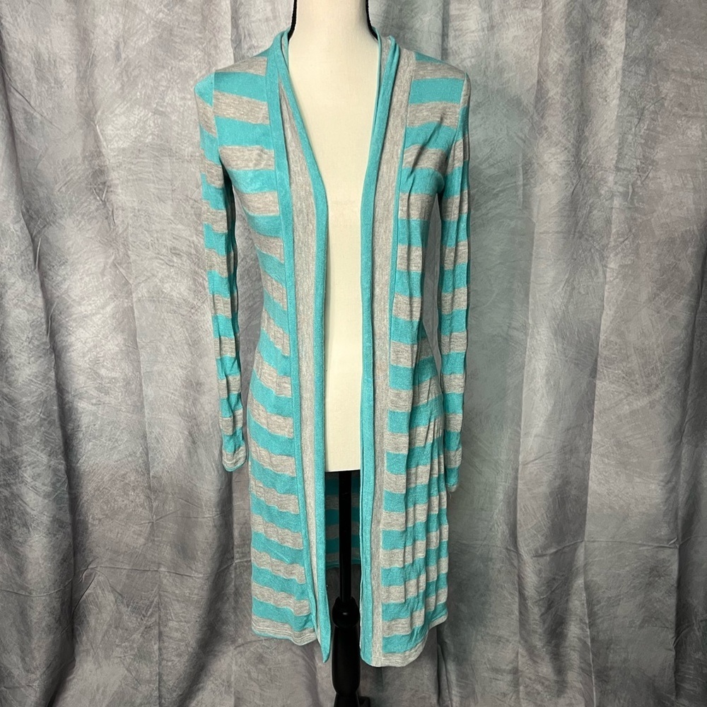 Pretty Young Thing Robin’s Egg Blue & Light Gray Open Front Long Sleeve Duster